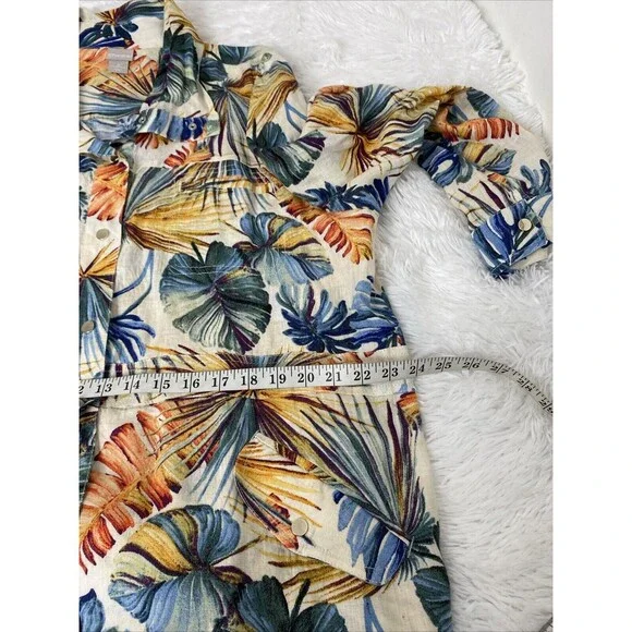 Chico’s Dress Hawaiian Floral Size 3 16/18 Linen Snap Up Pocket Drawstring Slits - Picture 7 of 16